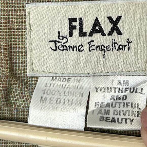 FLAX by Jeanne Englehart Jacket Blouse Womens M Tan Green Lagenlook Button-Front - Picture 3 of 6